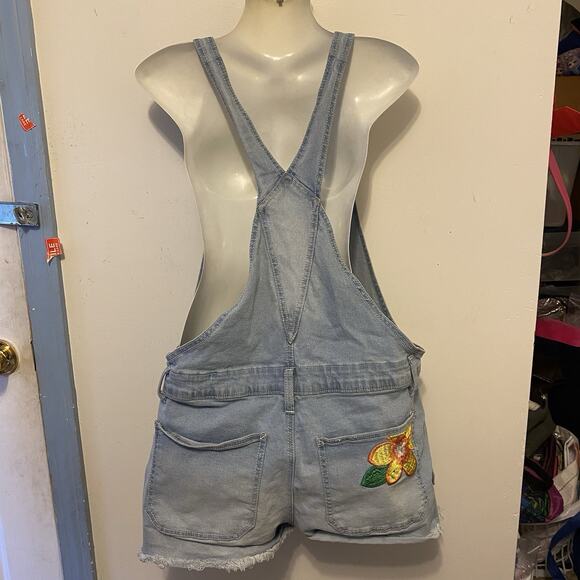 Y2K No Boundaries BlueDenim Bib Overall Shorts Girl Women Junior XL Embroidery - Picture 7 of 8